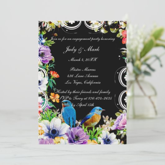 Invitation Blue Birds Et Botanical Floral Engagement Party (Debout devant)