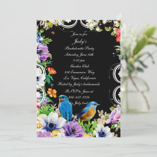 Invitation Blue Birds Et Botanique Floral Bachelorette Party (Debout devant)