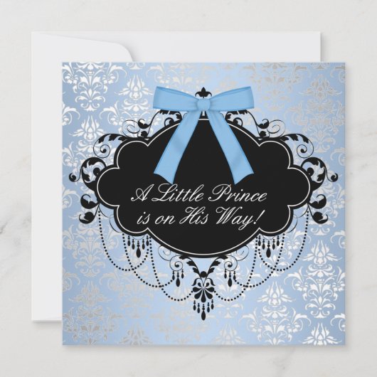 Invitation Blue Black Damask Prince Baby Boy Douche (Devant)