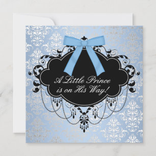 Invitation Blue Black Damask Prince Baby Boy Douche