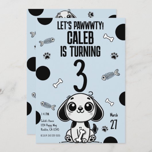 Invitation Blue & Black Fish Bones Chien Chien Chien Chien Ch (Devant / Derrière)