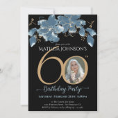 Invitation Blue Black Gold Custom Photo Floral 60e anniversai (Devant)