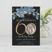 Invitation Blue Black Gold Custom Photo Floral 60e anniversai (Debout devant)