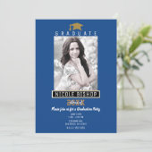 Invitation Blue Black Gold Modern Graduation Photo Party (Debout devant)