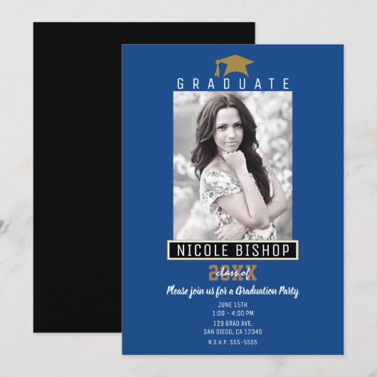Invitation Blue Black Gold Modern Graduation Photo Party (Devant / Derrière)