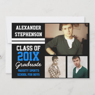 Invitation Blue/Black Sporty Boys 3 Photo Graduation