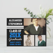 Invitation Blue/Black Sporty Boys 3 Photo Graduation (Debout devant)