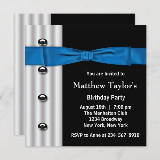 Invitation Blue Black Tuxedo Bow Cravate Hommes fête d'annive (Devant / Derrière)