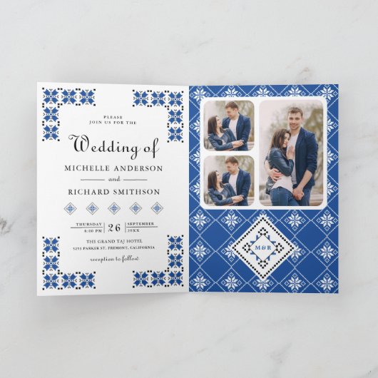 Invitation Blue Black Ukrainian Embroidery QR Code Wedding (Intérieur)