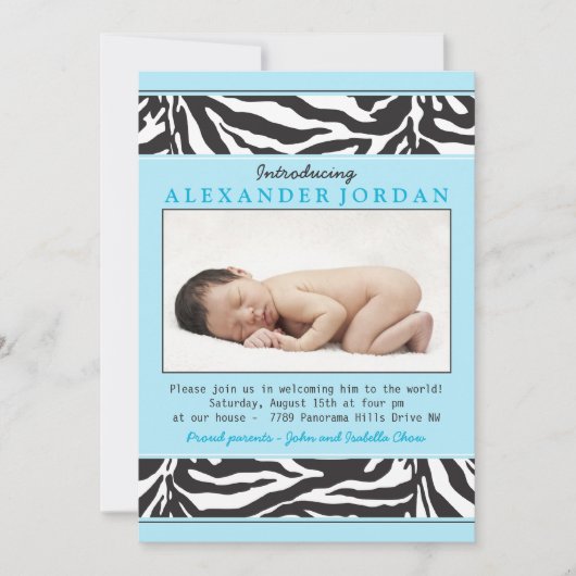 Invitation Blue Black Zebra Imprimer Photo Sip N Voir Baby sh (Devant)