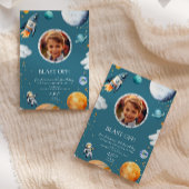 Invitation Blue Blast Off Photo Space Theme Kids Birthday