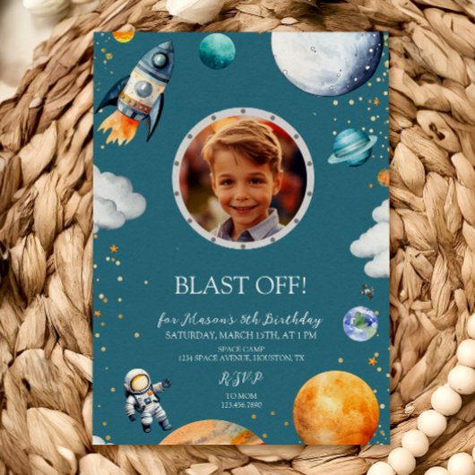 Invitation Blue Blast Off Photo Space Theme Kids Birthday