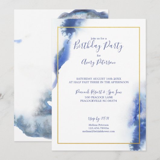 Invitation Blue Blue Blue Ombre Gold Frame Unisex Anniversair (Devant / Derrière)