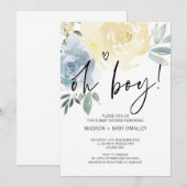 Invitation Blue Blush Floral Oh Boy Baby shower Party (Devant / Derrière)