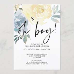 Invitation Blue Blush Floral Oh Boy Baby shower Party