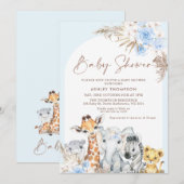 Invitation Blue Boho Arc Floral Safari Animaux Baby shower (Devant / Derrière)