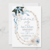 Invitation Blue Boho Coquette Bow Pearl Graduation Party (Devant)