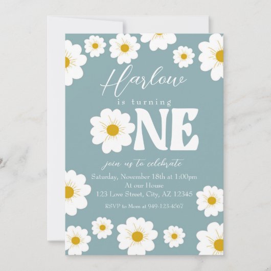 Invitation Blue Boho Daisy One Girl'anniversaire (Devant)