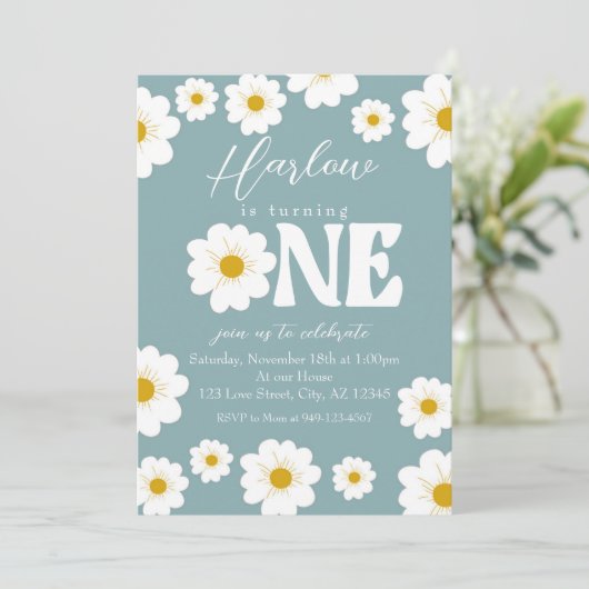Invitation Blue Boho Daisy One Girl'anniversaire (Debout devant)