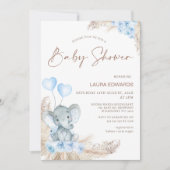 Invitation Blue Boho Floral Boys Elephant baby shower (Devant)