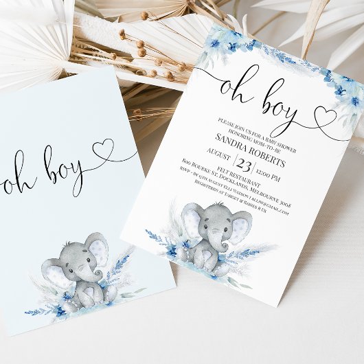 Invitation Blue Boho Floral Oh Boy Elephant Baby shower