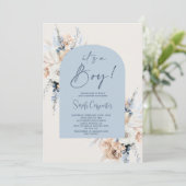 Invitation Blue Boho Floral Pampas Baby shower en herbe Garço (Debout devant)