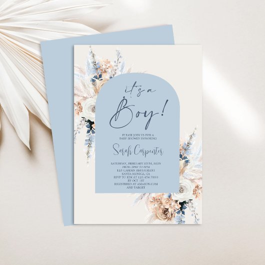 Invitation Blue Boho Floral Pampas Baby shower en herbe Garço