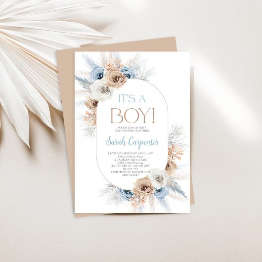 Invitation Blue Boho Floral Pampas Baby shower en herbe Garço