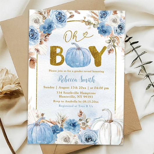 Invitation Blue Boho Gold Citrouille Fall Oh Boy Baby shower