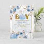 Invitation Blue Boho Gold Citrouille Fall Oh Boy Baby shower (Debout devant)