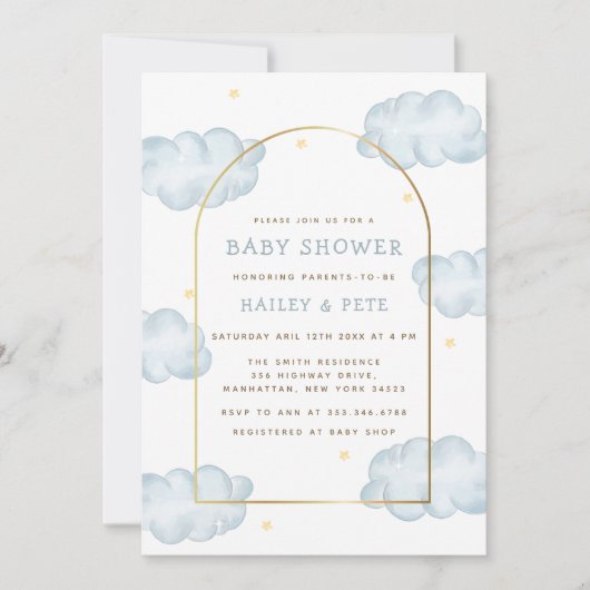 Invitation Blue Boho Moon Star Cloud Arch Boy Baby shower (Devant)