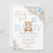 Invitation Blue Boho Teddy Bear Pampas Grass Boy Baby shower (Devant)