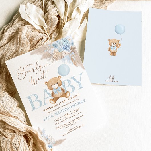 Invitation Blue Boho Teddy Bear Pampas Grass Boy Baby shower
