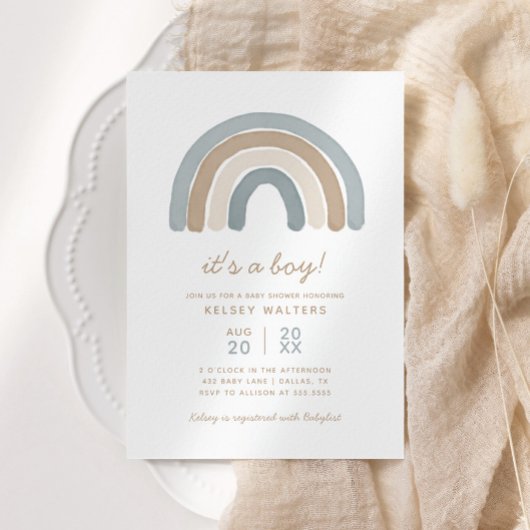Invitation Blue Boho Watercolor Rainbow Boy Baby shower