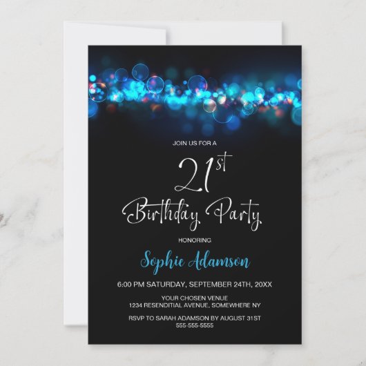 Invitation Blue Bokeh Black 21st Birthday Party (Devant)