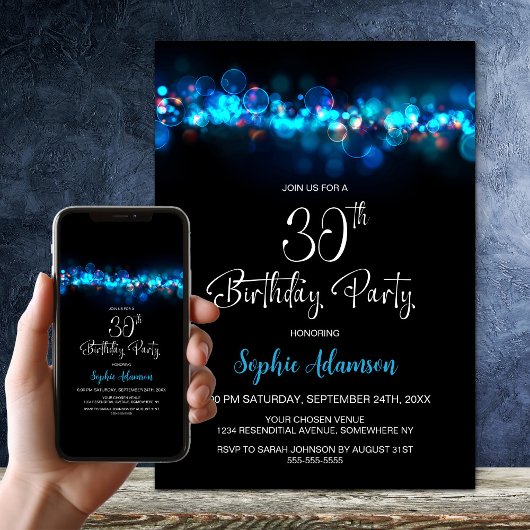 Invitation Blue Bokeh Black 30th Birthday Party