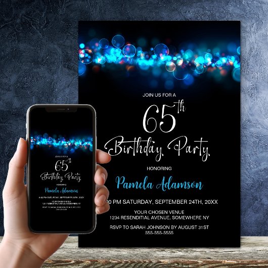 Invitation Blue Bokeh Black 65th Birthday Party