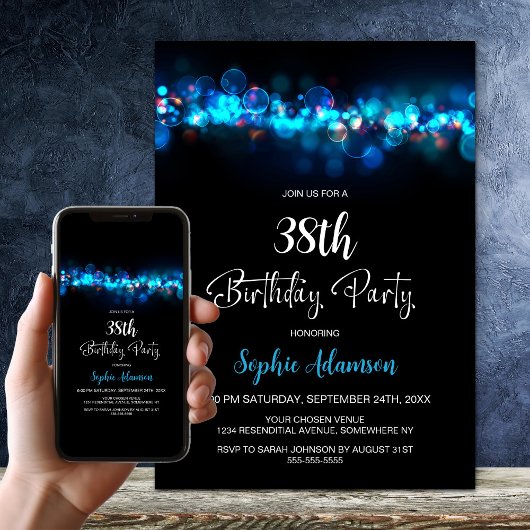 Invitation Blue Bokeh Black Any Age Birthday Party