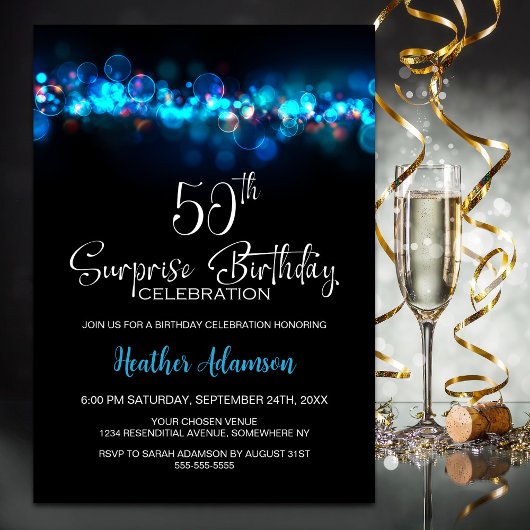 Invitation Blue Bokeh Black Surprise 50th Birthday Party