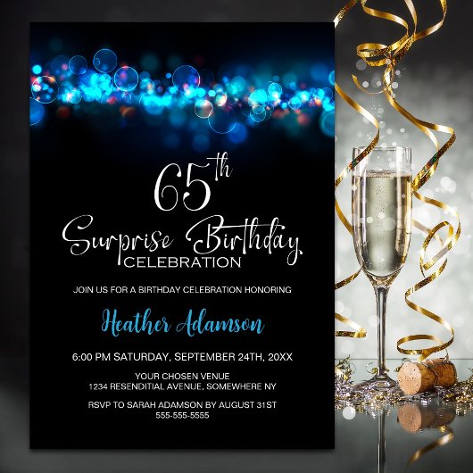 Invitation Blue Bokeh Black Surprise 65th Birthday Party
