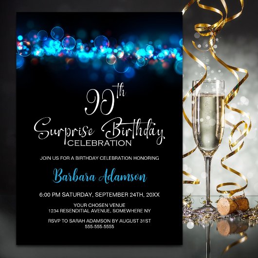 Invitation Blue Bokeh Black Surprise 90th Birthday Party
