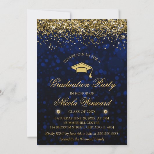 Invitation Blue Bokeh & Gold Parties scintillant Graduation P (Devant)