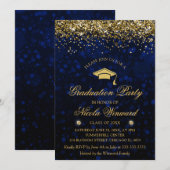 Invitation Blue Bokeh & Gold Parties scintillant Graduation P (Devant / Derrière)