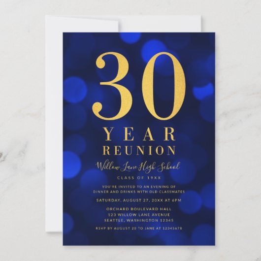 Invitation Blue Bokeh Lights Classe 30 Année Réunion (Devant)