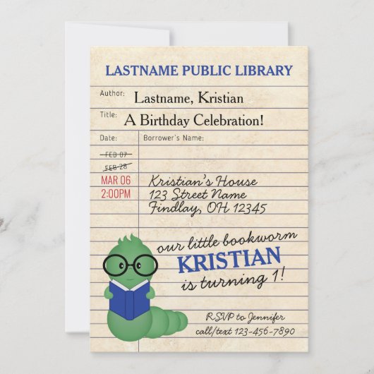 Invitation Blue Bookworm fête d'anniversaire (Devant)
