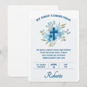 Invitation Blue Botanical Cross First Holy Communion  (Devant / Derrière)