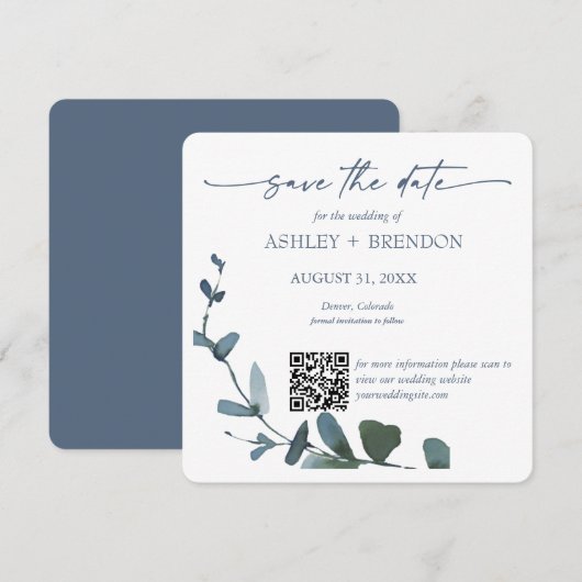 Invitation Blue Botanical Leaf Save the Date w/QR Code+Image (Devant / Derrière)