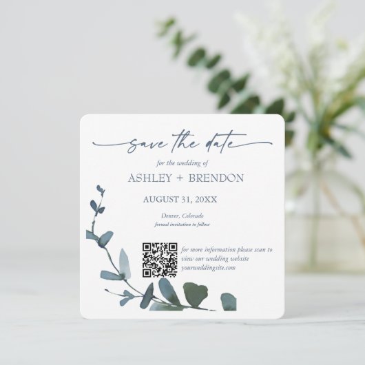 Invitation Blue Botanical Leaf Save the Date w/QR Code+Image (Debout devant)