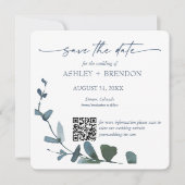 Invitation Blue Botanical Leaf Save the Date w/QR Code+Image (Devant)