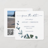 Invitation Blue Botanical Leaf Save the Date w/QR Code+Image (Devant / Derrière)